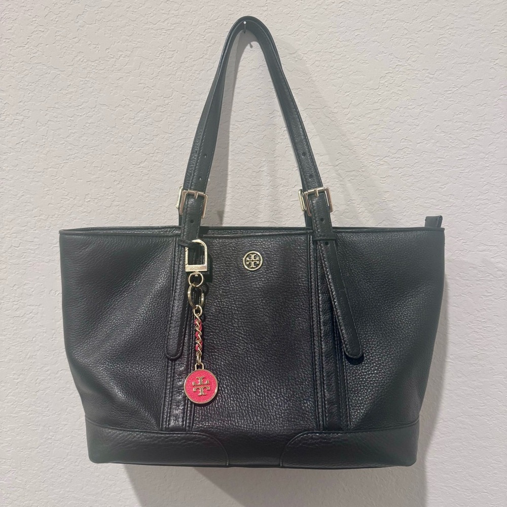 Tory Burch Black Pebbled Leather Tote with Bonus Keychain Charm